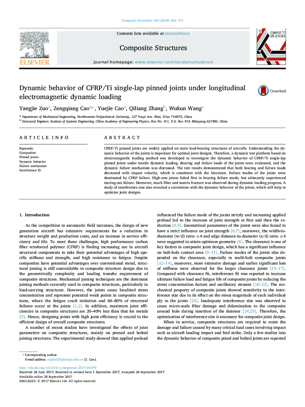 Dynamic behavior of CFRP/Ti single-lap pinned joints under longitudinal electromagnetic dynamic loading