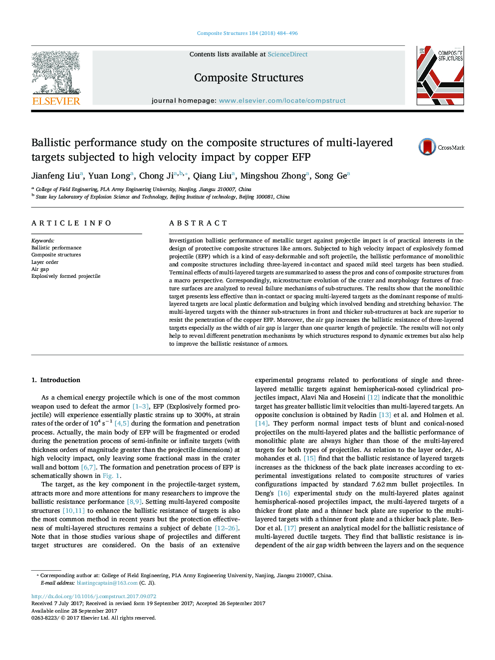 Ballistic performance study on the composite structures of multi-layered targets subjected to high velocity impact by copper EFP