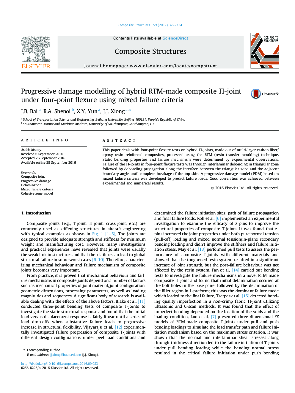 Progressive damage modelling of hybrid RTM-made composite Î -joint under four-point flexure using mixed failure criteria