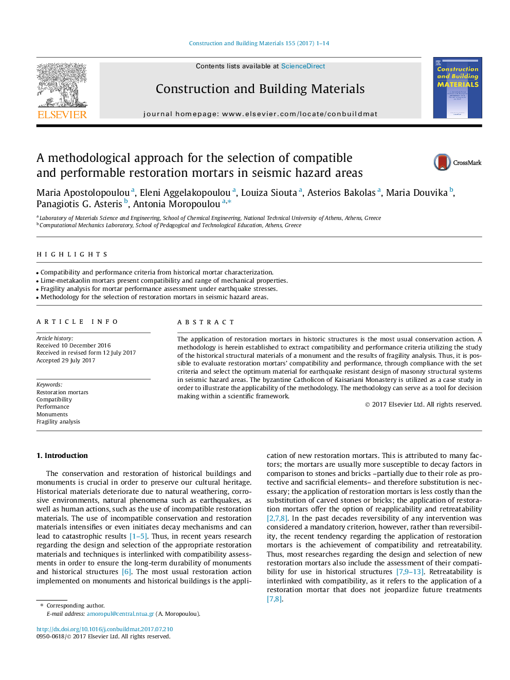 A methodological approach for the selection of compatible and performable restoration mortars in seismic hazard areas