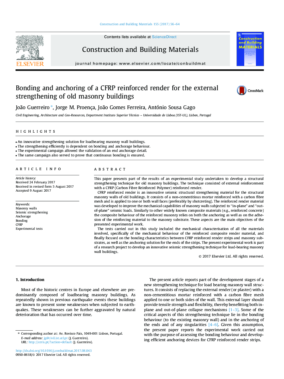 Bonding and anchoring of a CFRP reinforced render for the external strengthening of old masonry buildings