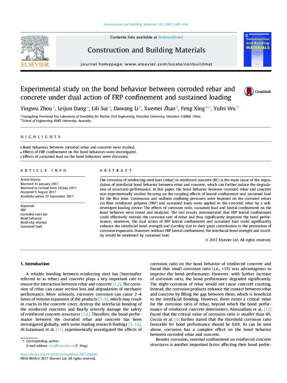 Experimental study on the bond behavior between corroded rebar and concrete under dual action of FRP confinement and sustained loading
