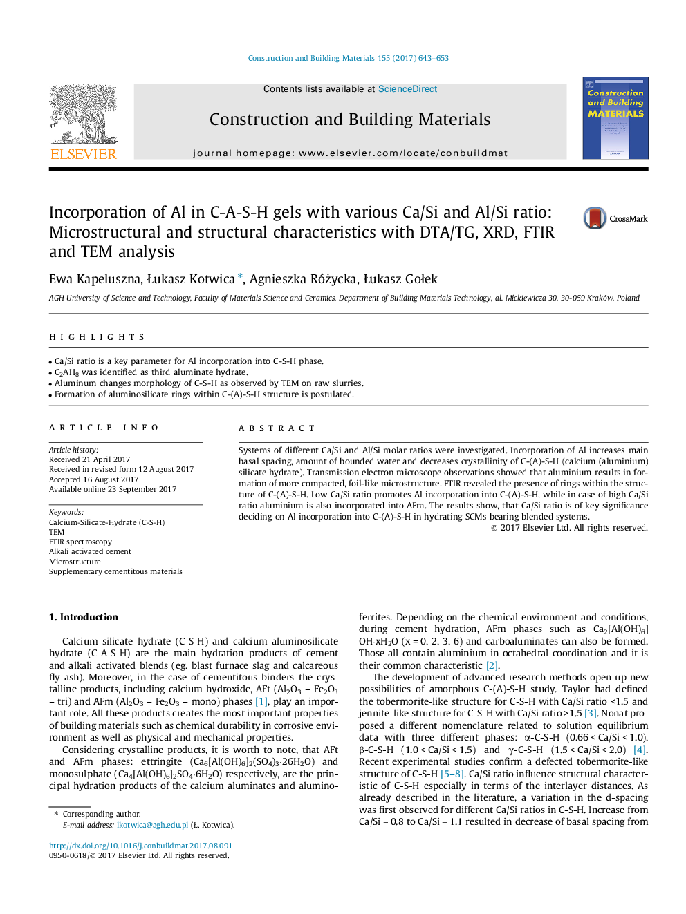 Incorporation of Al in C-A-S-H gels with various Ca/Si and Al/Si ratio: Microstructural and structural characteristics with DTA/TG, XRD, FTIR and TEM analysis