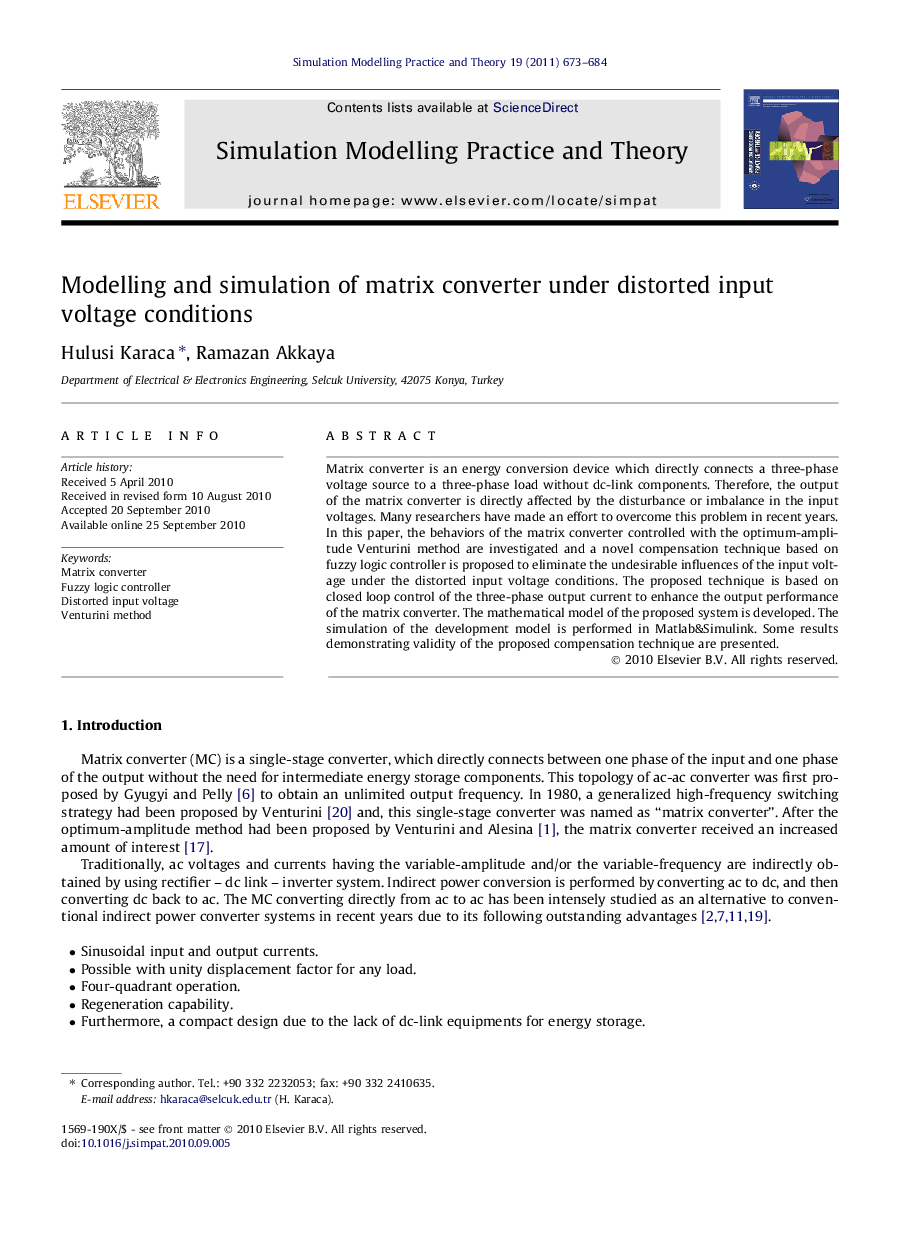 Modelling and simulation of matrix converter under distorted input voltage conditions