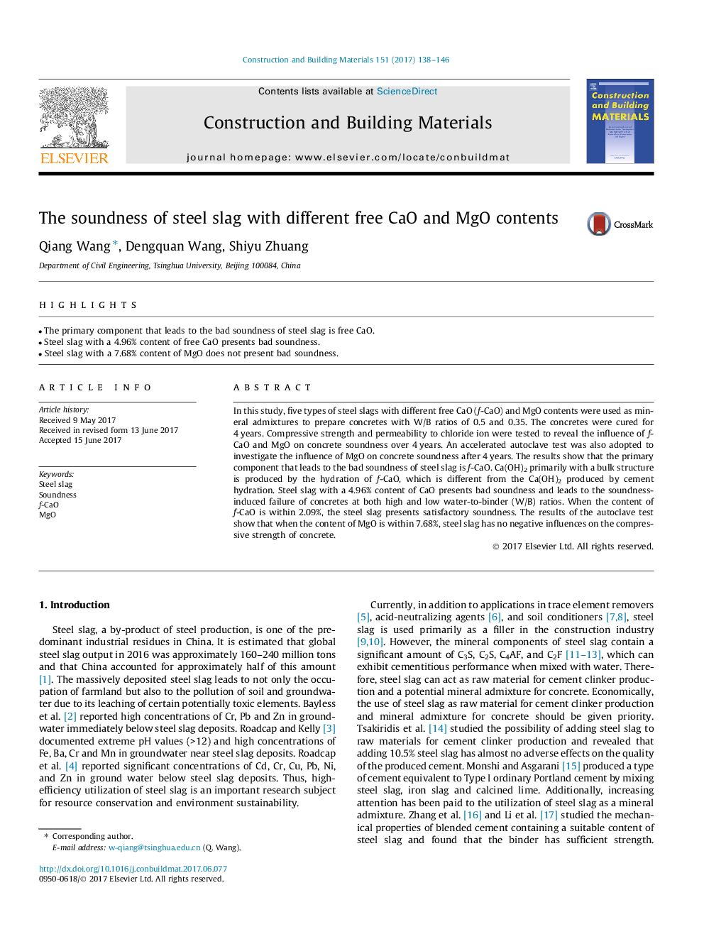 The soundness of steel slag with different free CaO and MgO contents