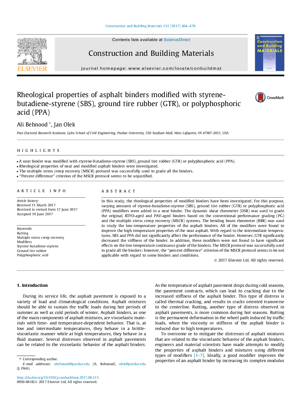 Rheological properties of asphalt binders modified with styrene-butadiene-styrene (SBS), ground tire rubber (GTR), or polyphosphoric acid (PPA)