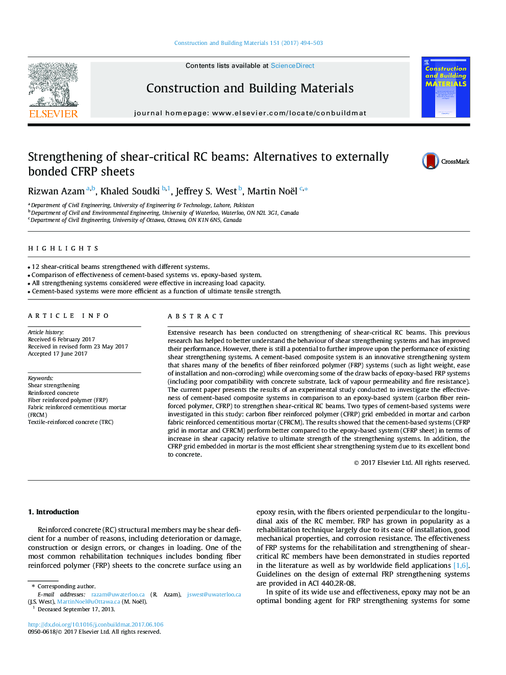 Strengthening of shear-critical RC beams: Alternatives to externally bonded CFRP sheets