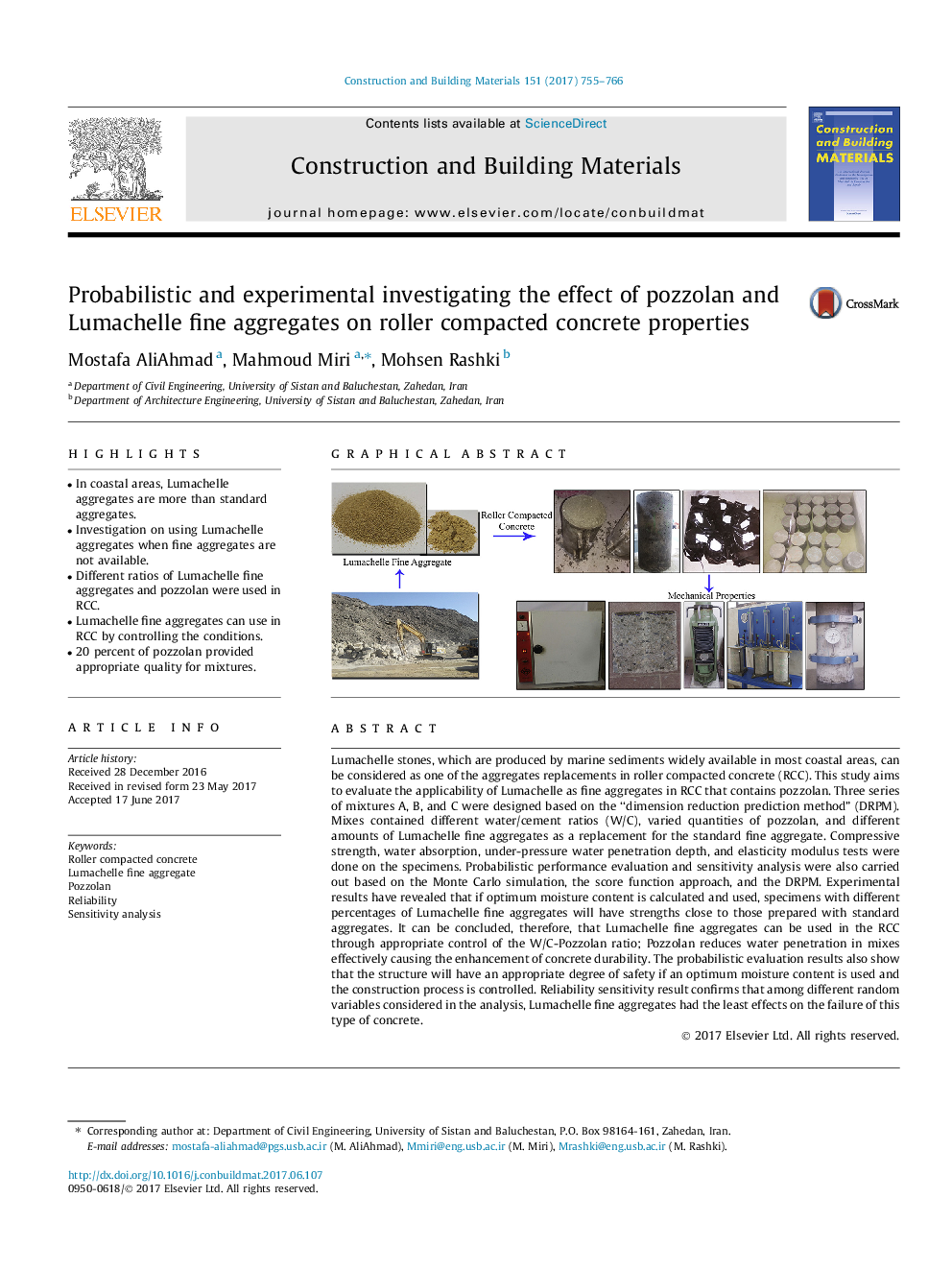 Probabilistic and experimental investigating the effect of pozzolan and Lumachelle fine aggregates on roller compacted concrete properties