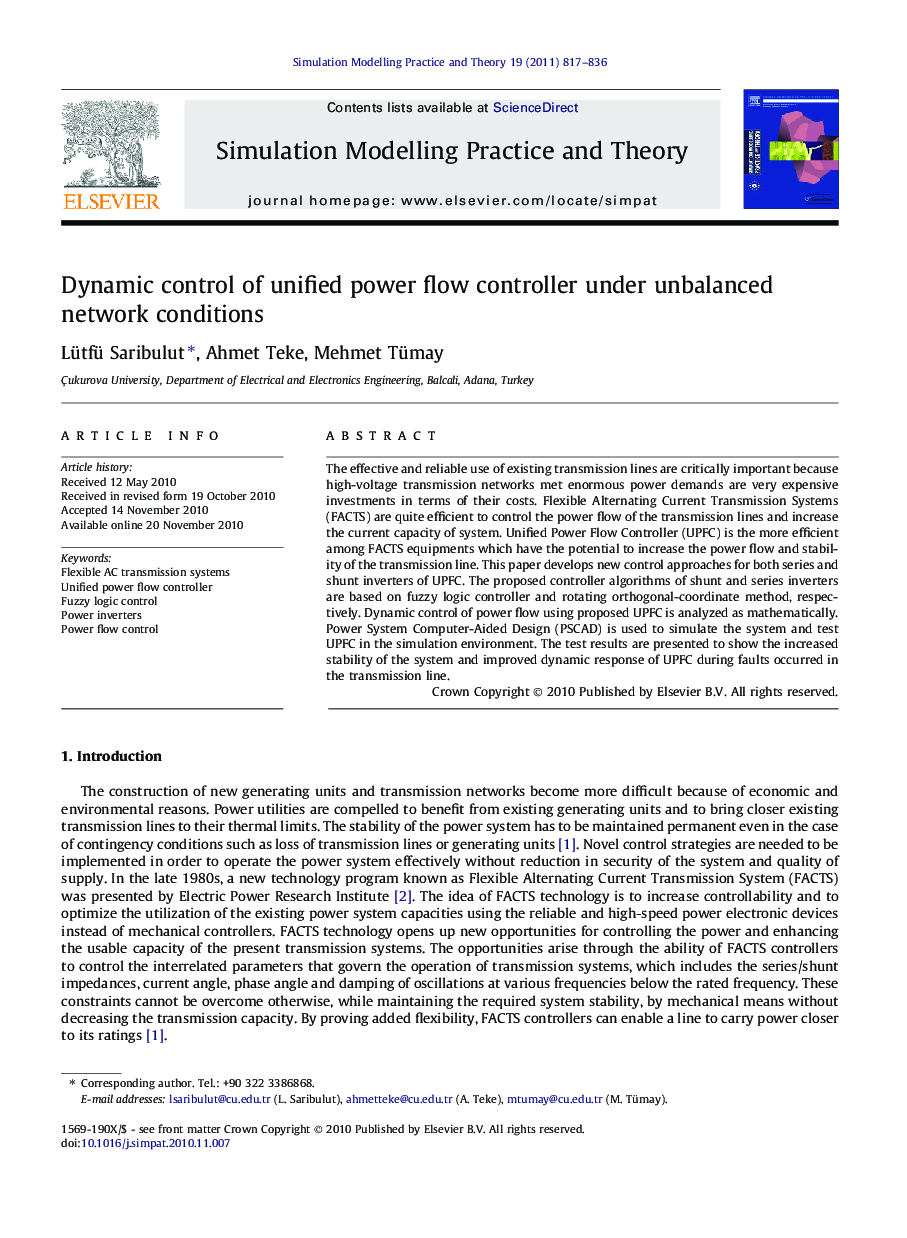 Dynamic control of unified power flow controller under unbalanced network conditions