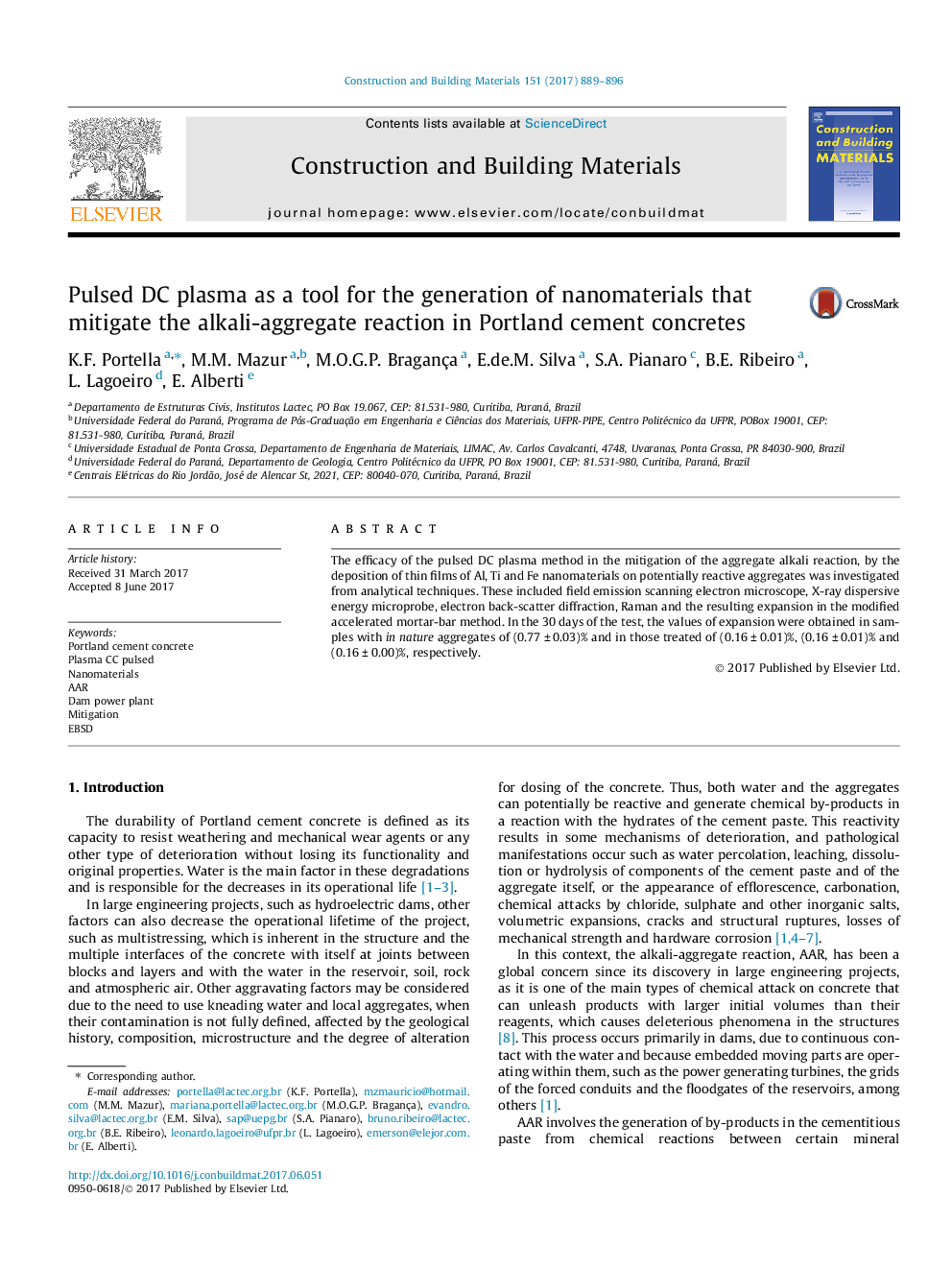 Pulsed DC plasma as a tool for the generation of nanomaterials that mitigate the alkali-aggregate reaction in Portland cement concretes