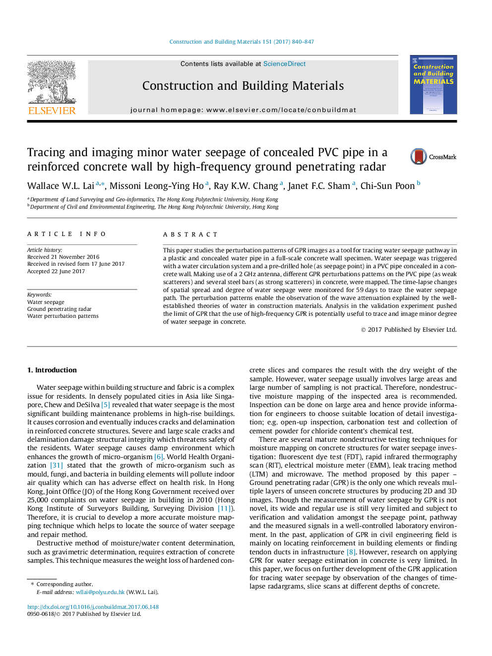 Tracing and imaging minor water seepage of concealed PVC pipe in a reinforced concrete wall by high-frequency ground penetrating radar