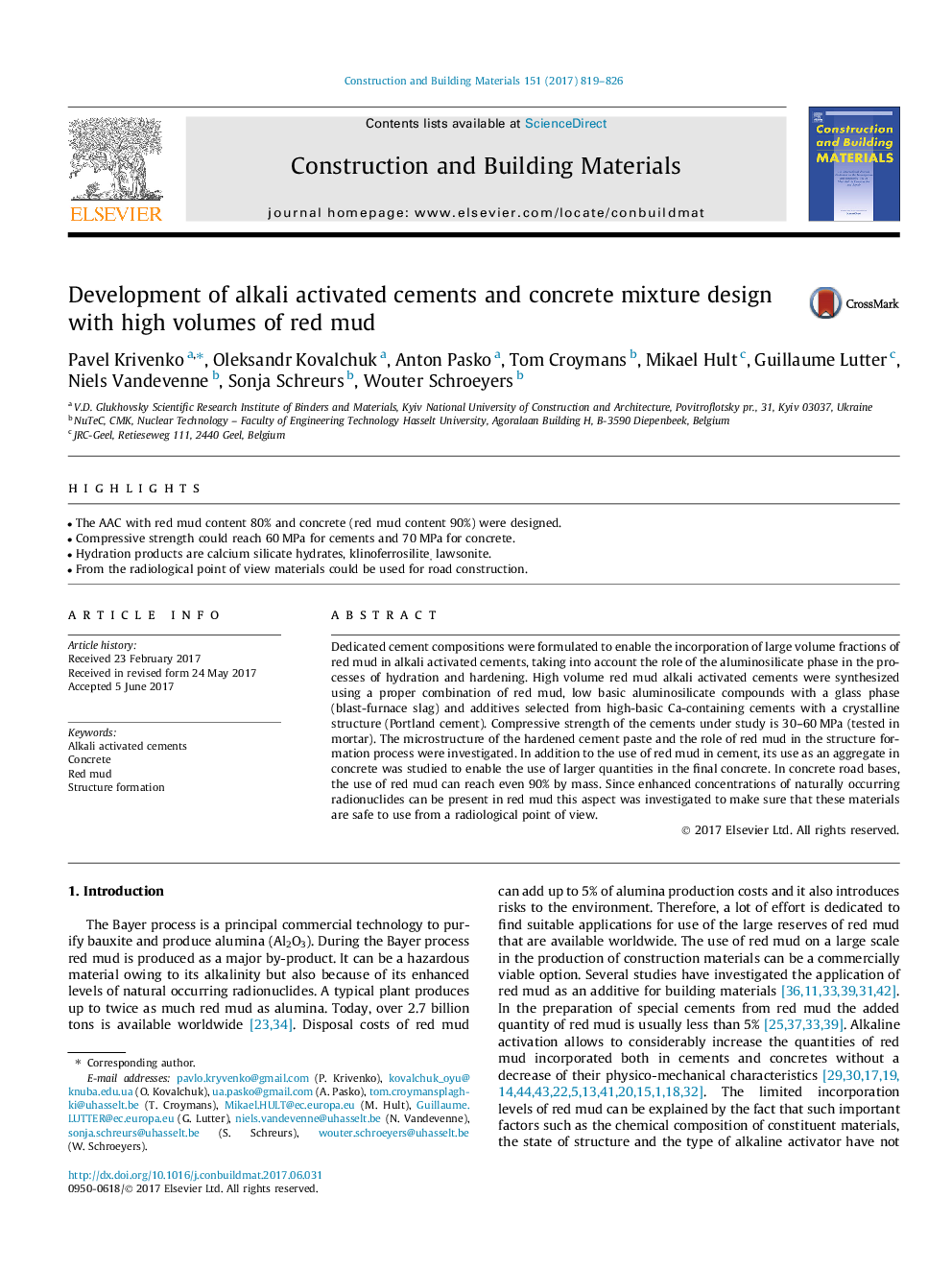 Development of alkali activated cements and concrete mixture design with high volumes of red mud