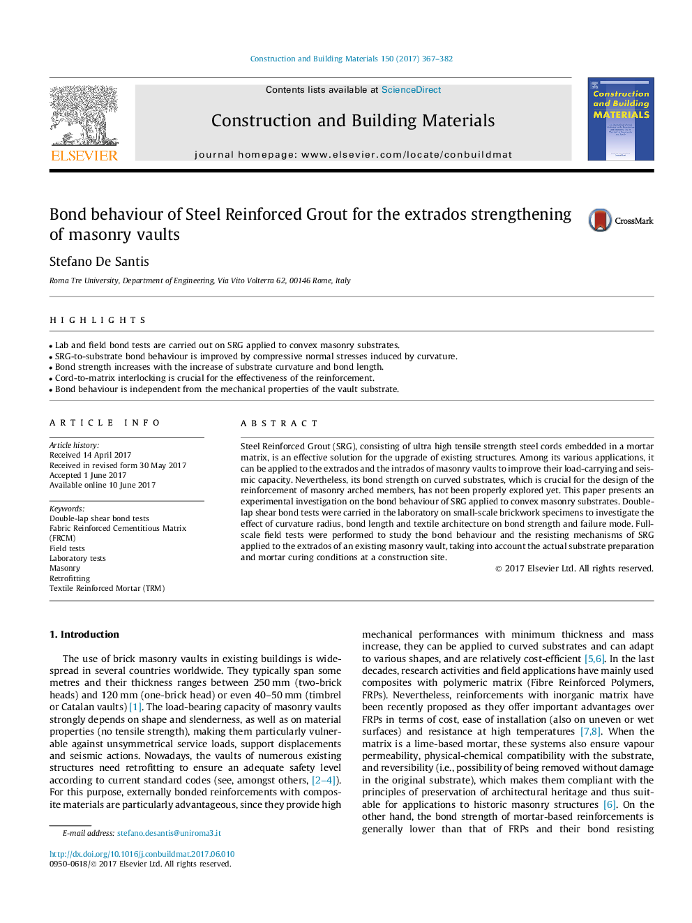 Bond behaviour of Steel Reinforced Grout for the extrados strengthening of masonry vaults