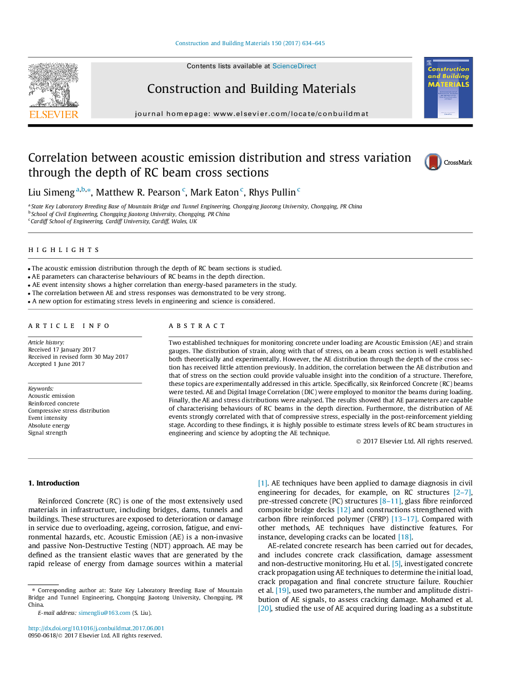 Correlation between acoustic emission distribution and stress variation through the depth of RC beam cross sections