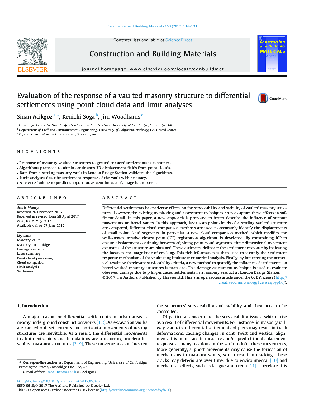 Evaluation of the response of a vaulted masonry structure to differential settlements using point cloud data and limit analyses