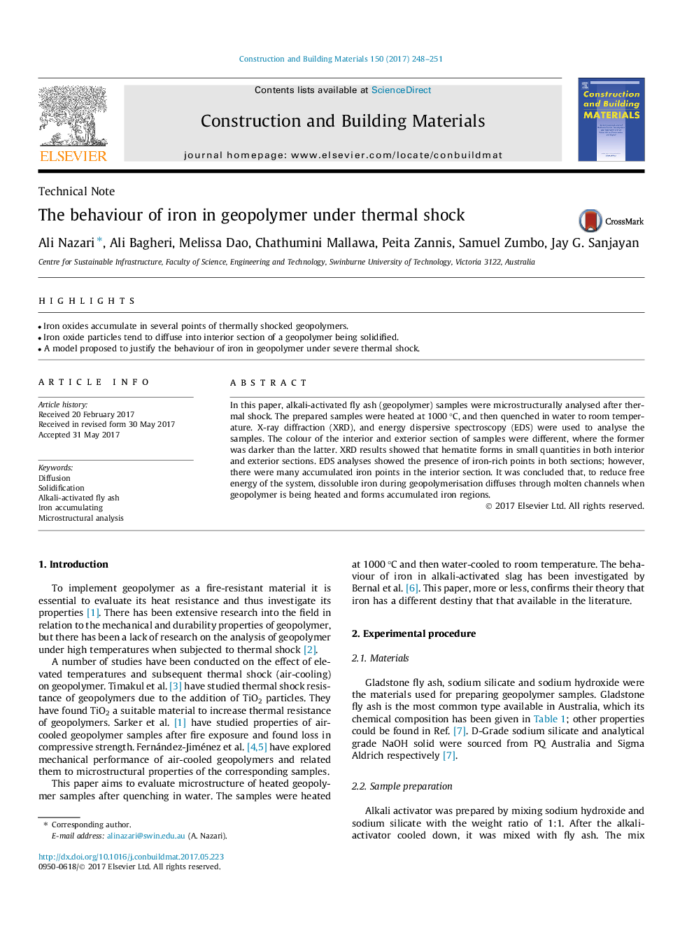 The behaviour of iron in geopolymer under thermal shock