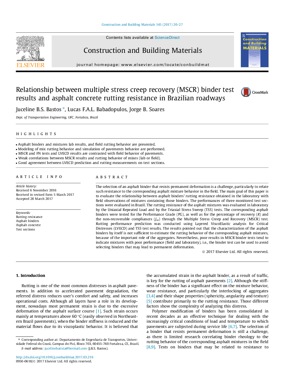 Relationship between multiple stress creep recovery (MSCR) binder test results and asphalt concrete rutting resistance in Brazilian roadways