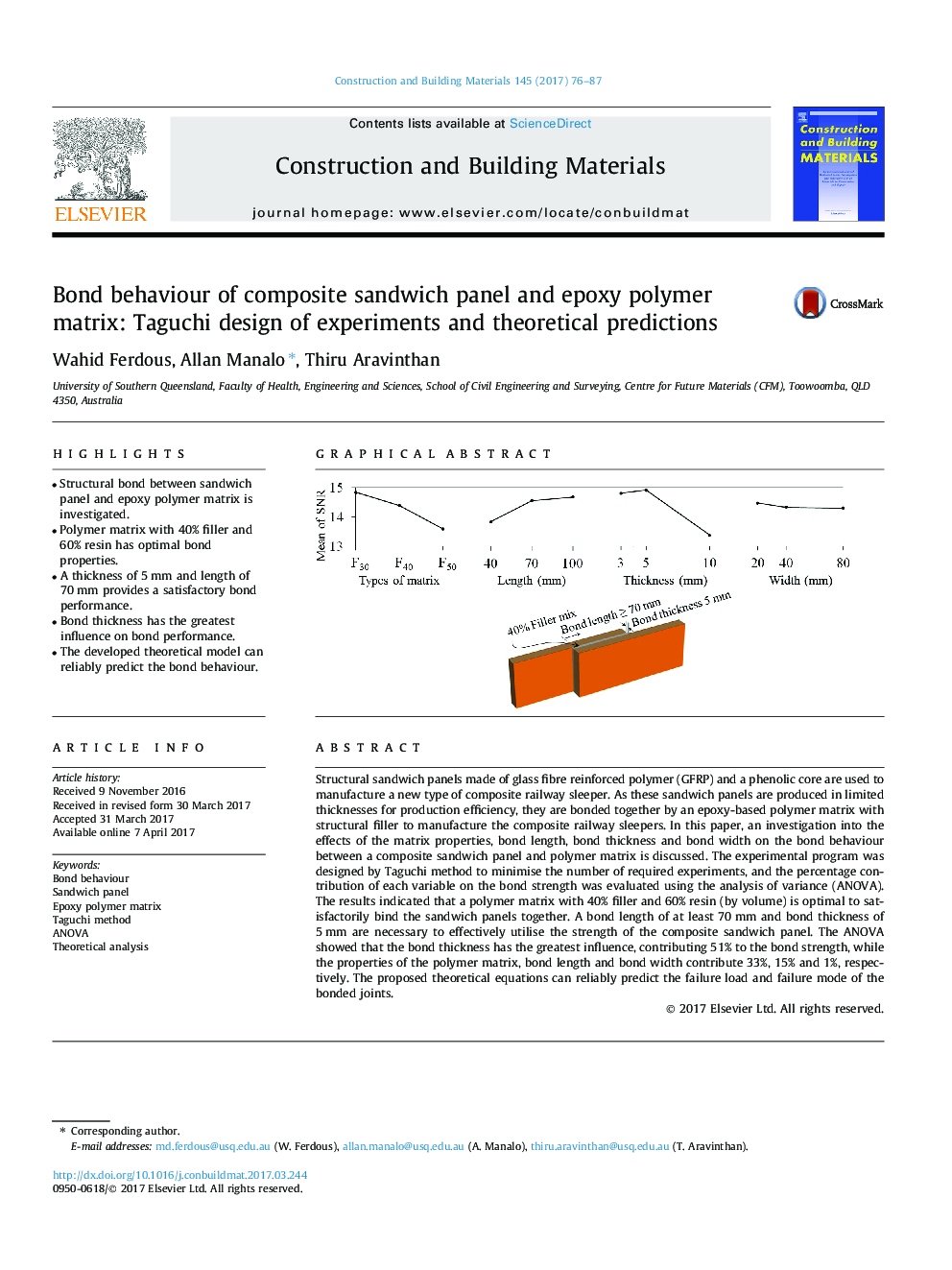 Bond behaviour of composite sandwich panel and epoxy polymer matrix: Taguchi design of experiments and theoretical predictions