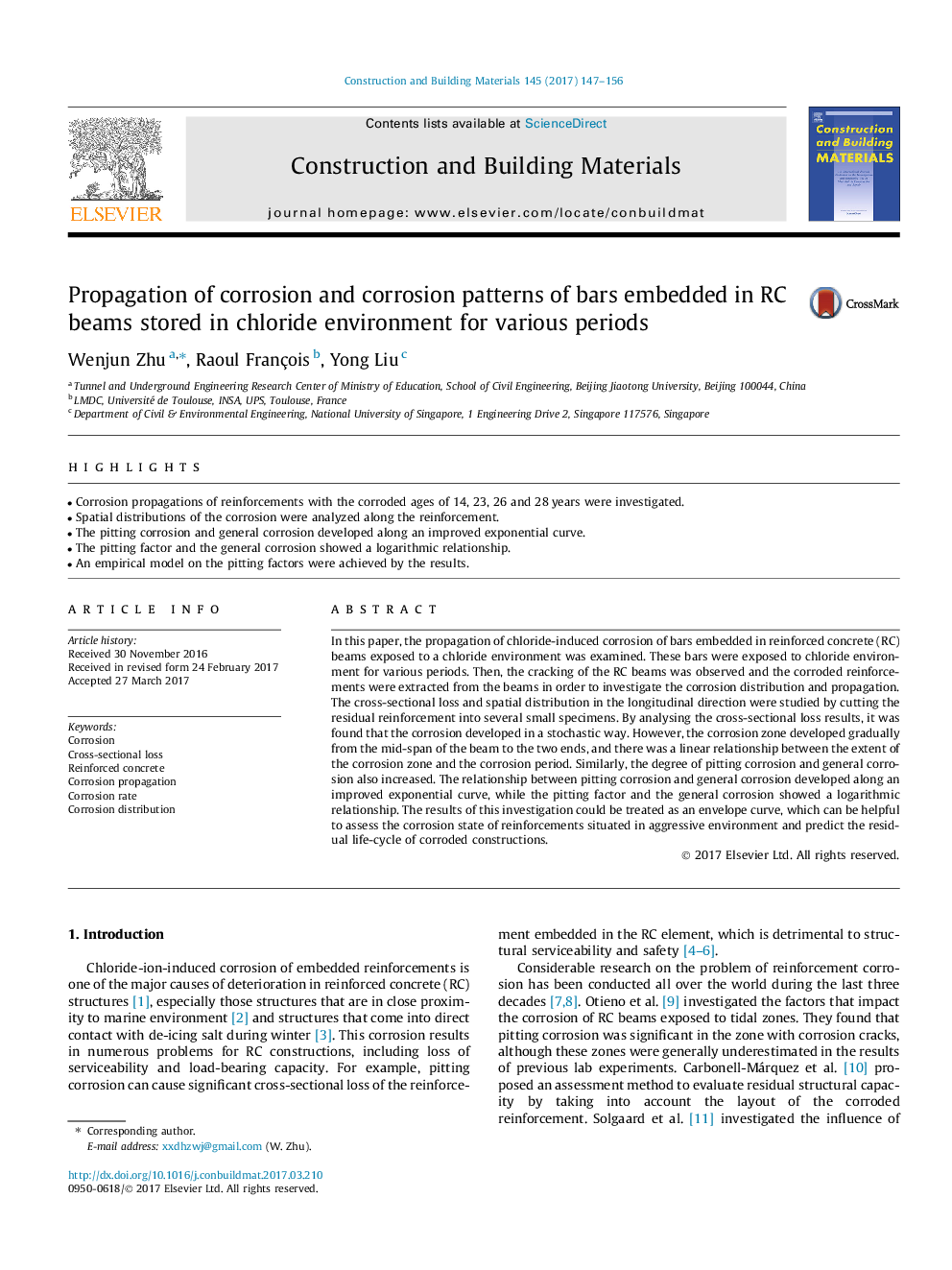 Propagation of corrosion and corrosion patterns of bars embedded in RC beams stored in chloride environment for various periods