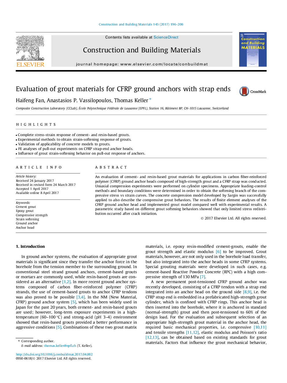 Evaluation of grout materials for CFRP ground anchors with strap ends