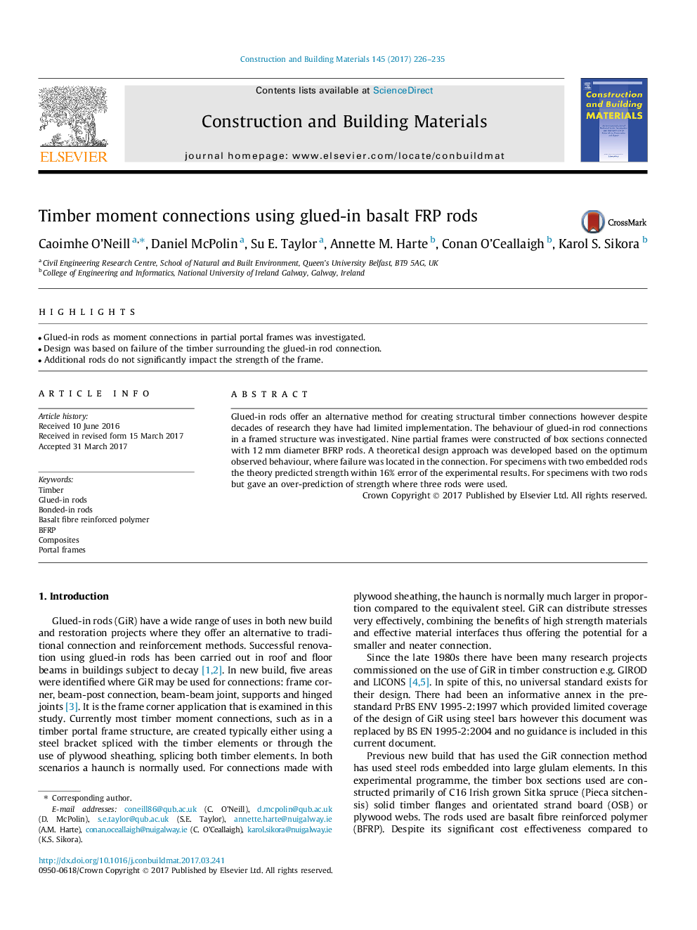 Timber moment connections using glued-in basalt FRP rods