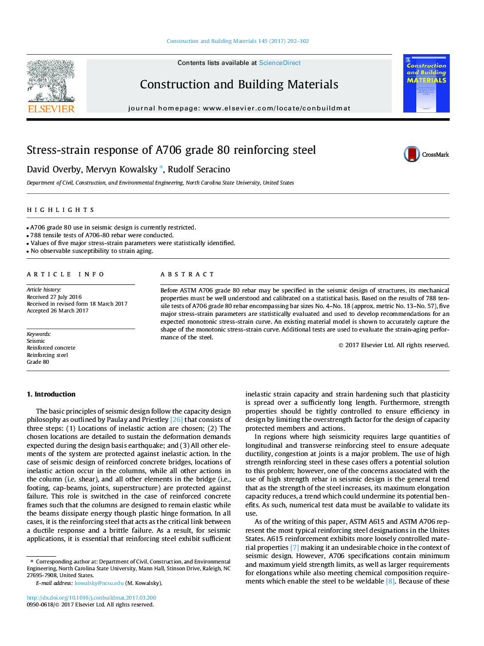 Stress-strain response of A706 grade 80 reinforcing steel