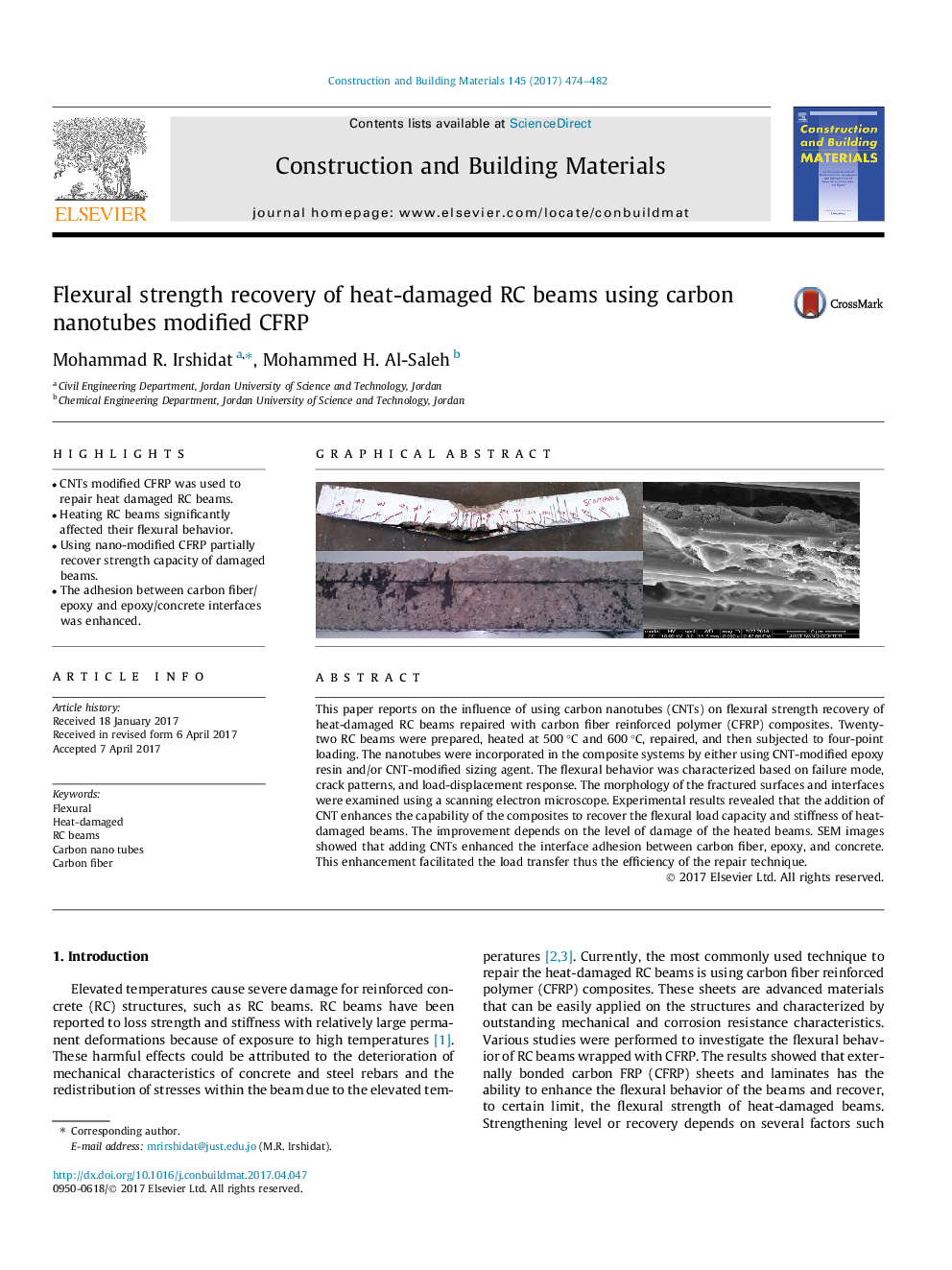 Flexural strength recovery of heat-damaged RC beams using carbon nanotubes modified CFRP