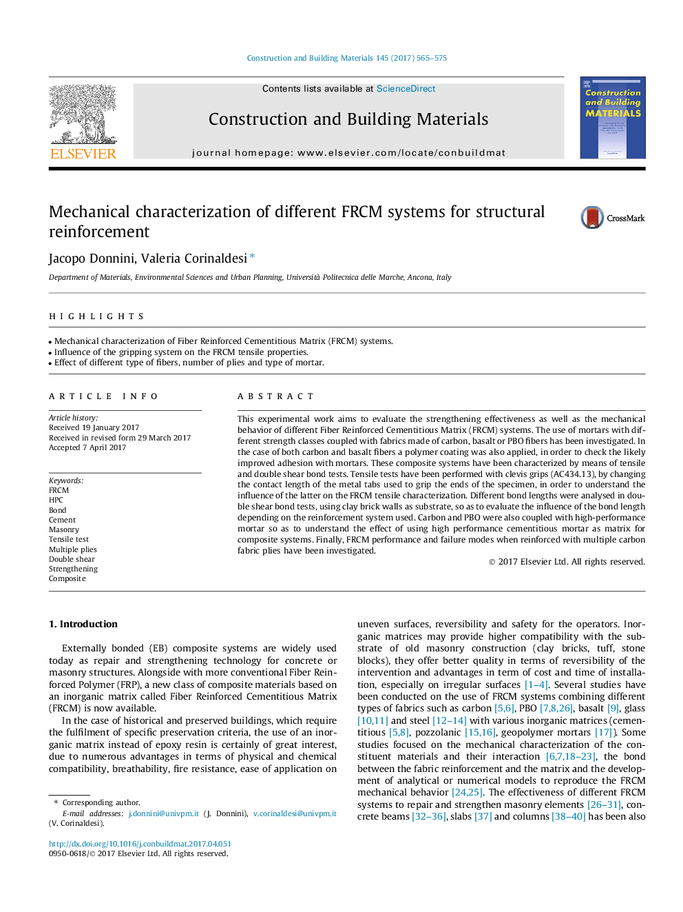 Mechanical characterization of different FRCM systems for structural reinforcement