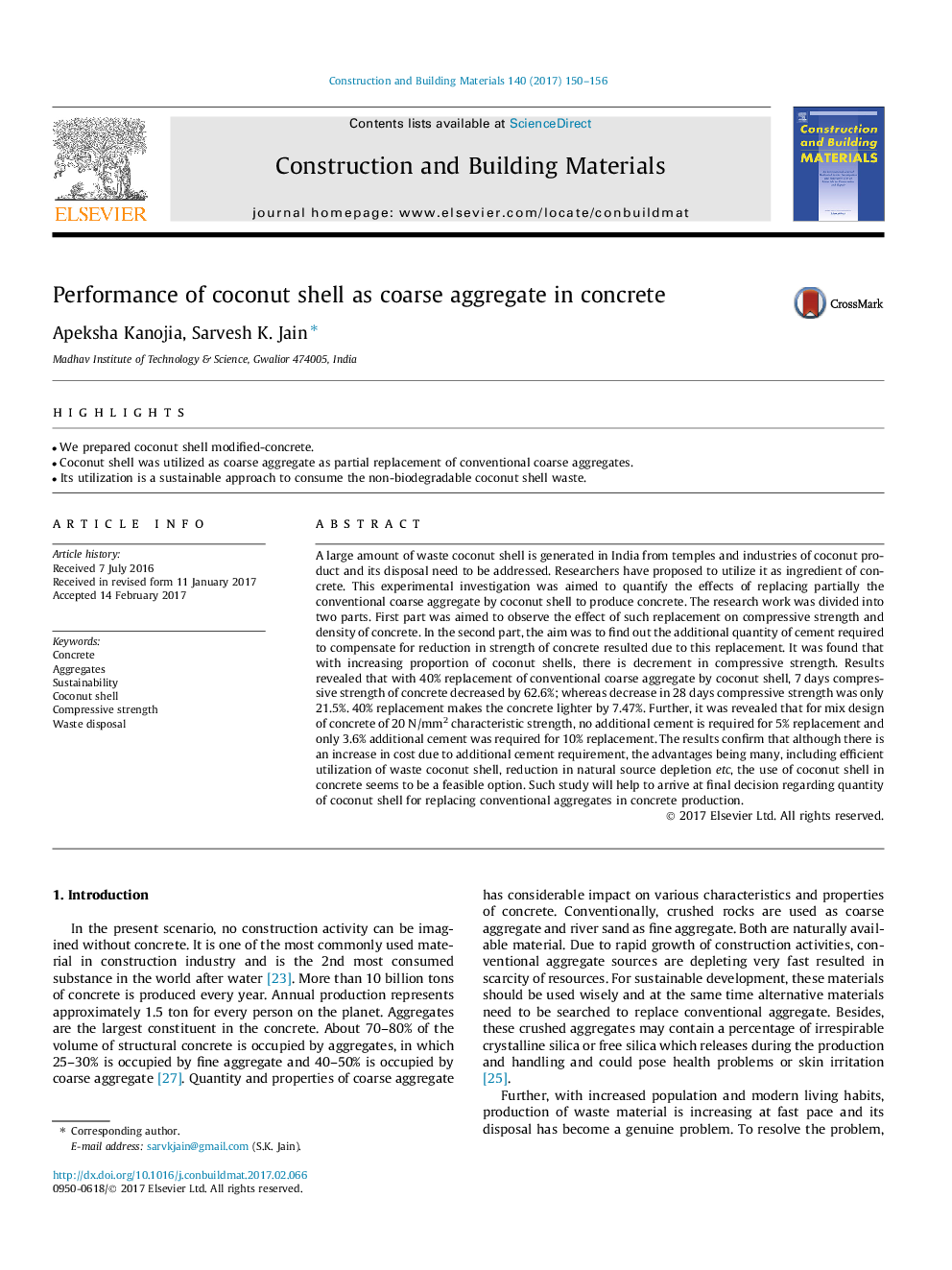 Performance of coconut shell as coarse aggregate in concrete