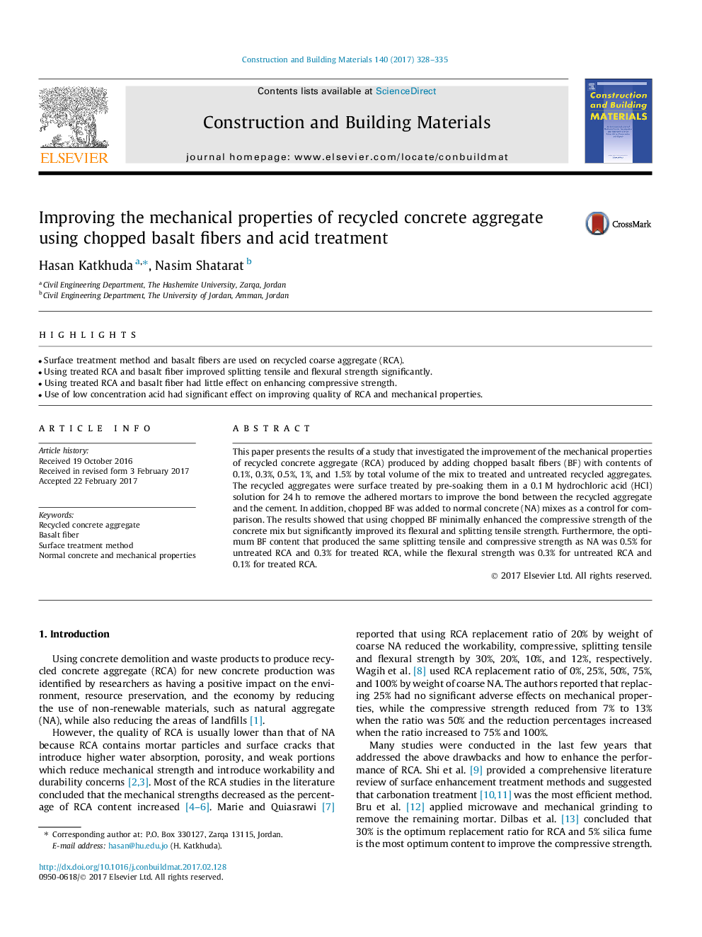 Improving the mechanical properties of recycled concrete aggregate using chopped basalt fibers and acid treatment