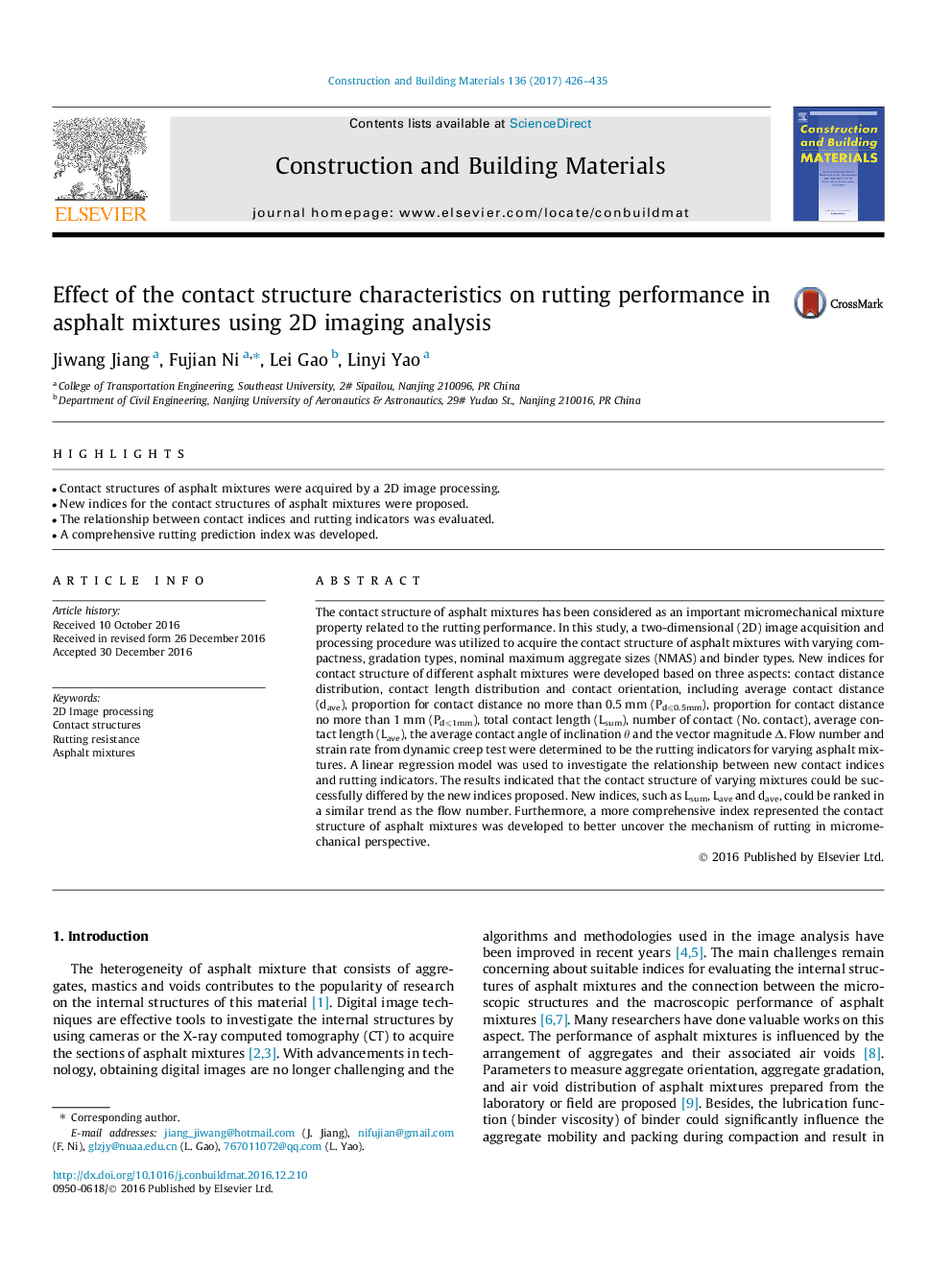 Effect of the contact structure characteristics on rutting performance in asphalt mixtures using 2D imaging analysis