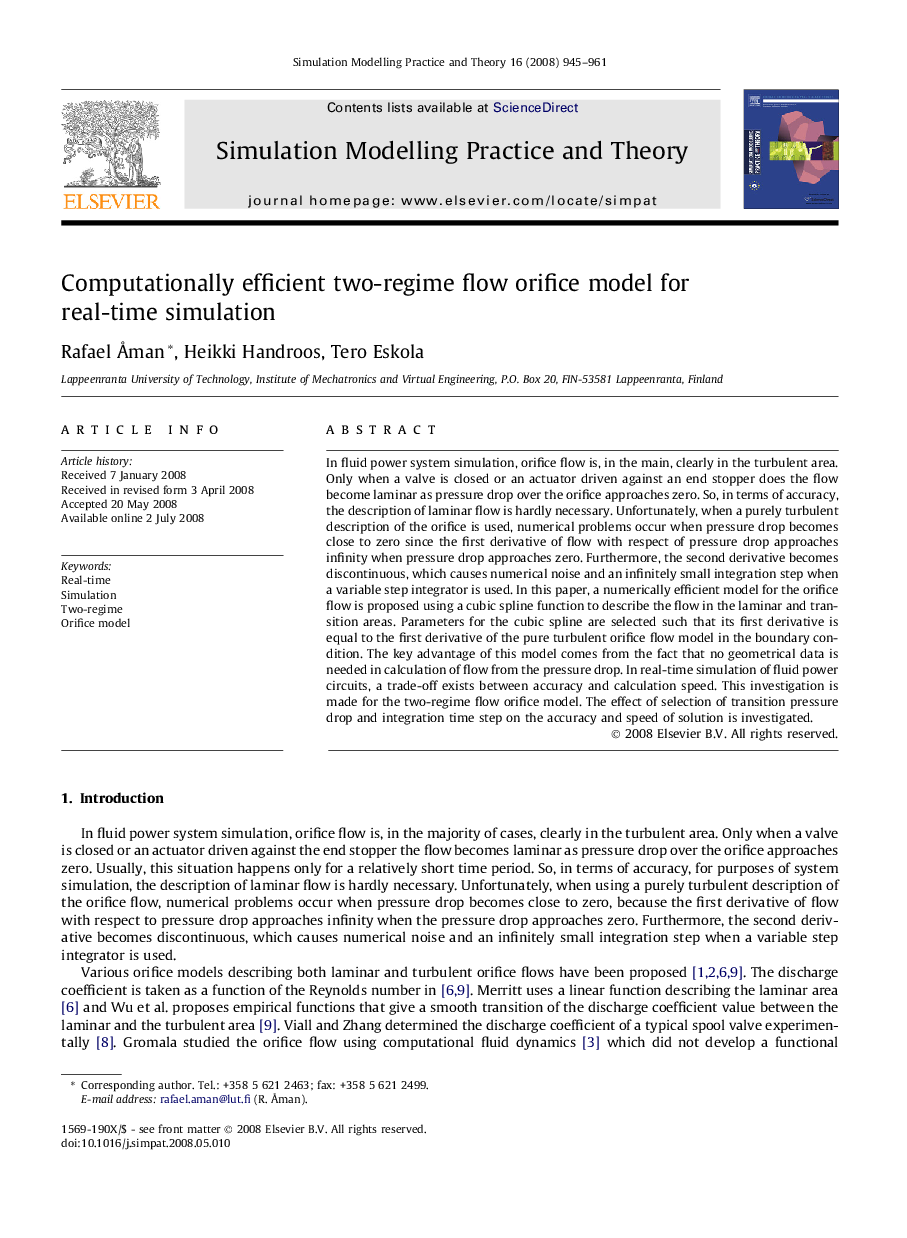 Computationally efficient two-regime flow orifice model for real-time simulation