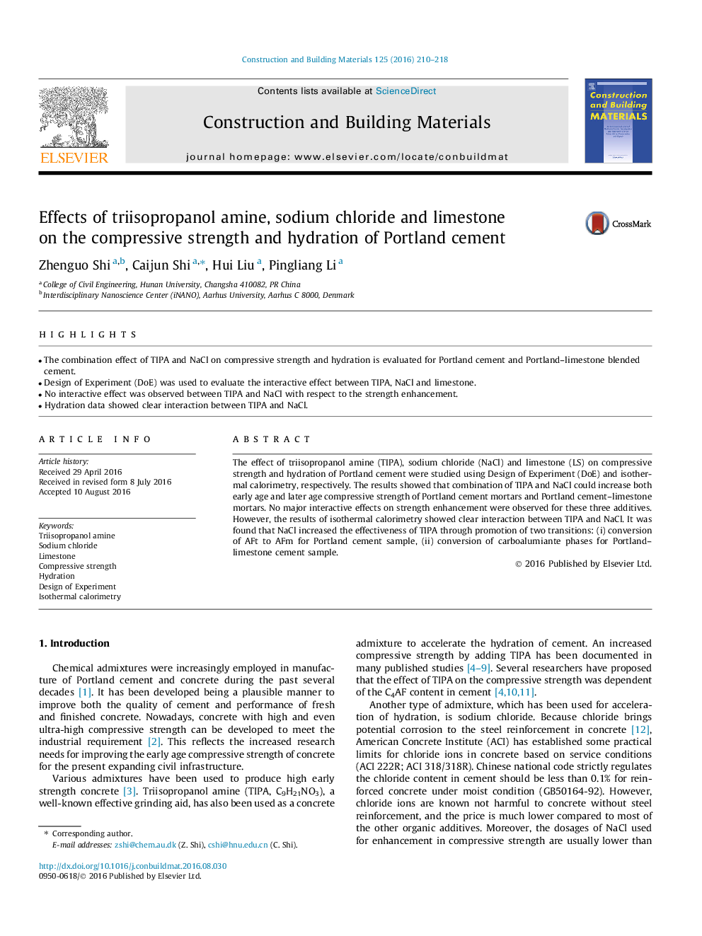 Effects of triisopropanol amine, sodium chloride and limestone on the compressive strength and hydration of Portland cement