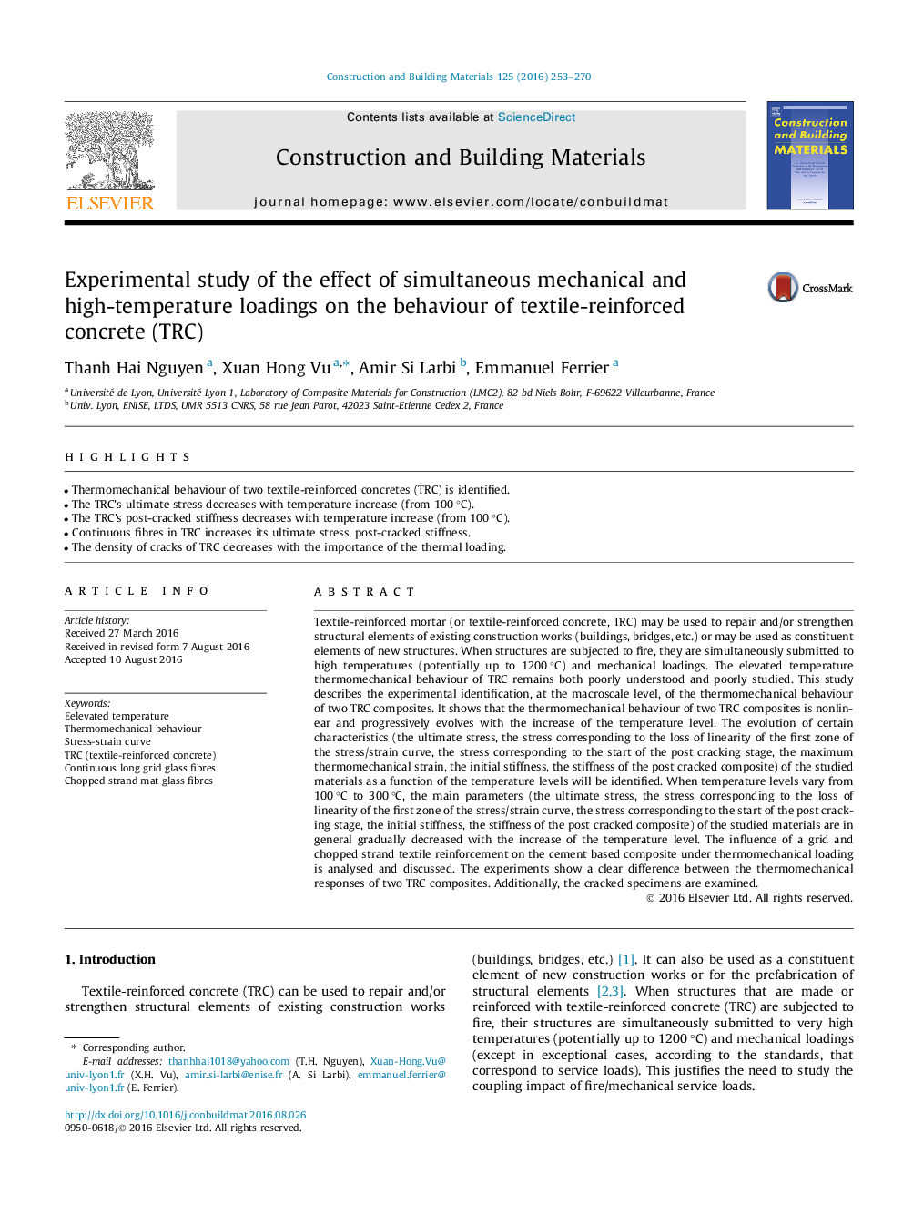 Experimental study of the effect of simultaneous mechanical and high-temperature loadings on the behaviour of textile-reinforced concrete (TRC)