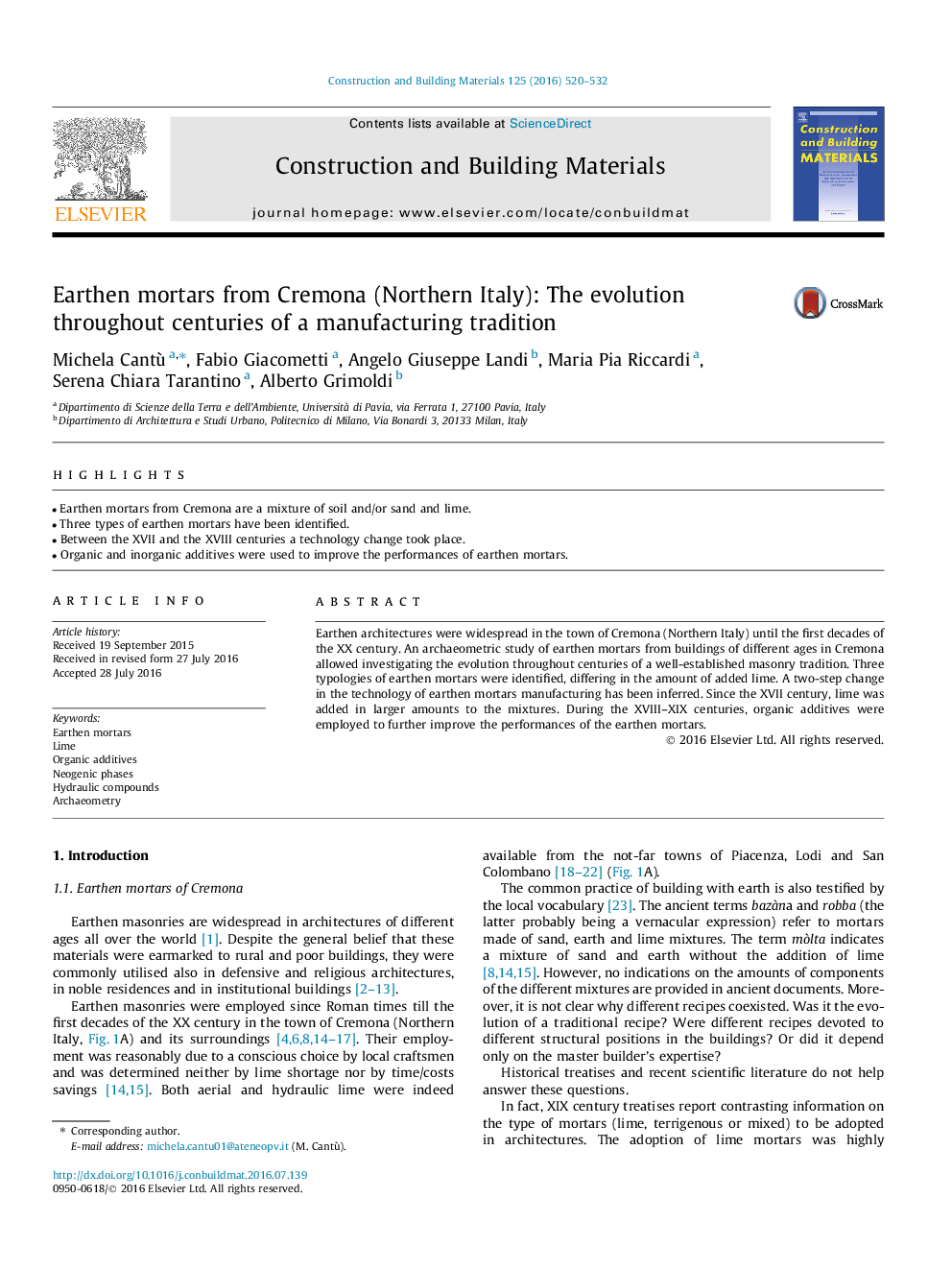 Earthen mortars from Cremona (Northern Italy): The evolution throughout centuries of a manufacturing tradition