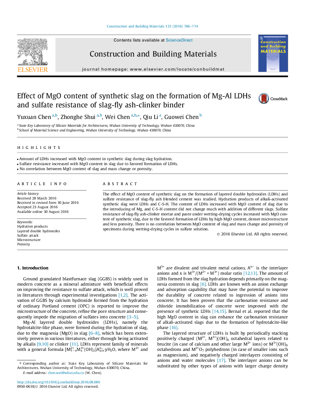 Effect of MgO content of synthetic slag on the formation of Mg-Al LDHs and sulfate resistance of slag-fly ash-clinker binder