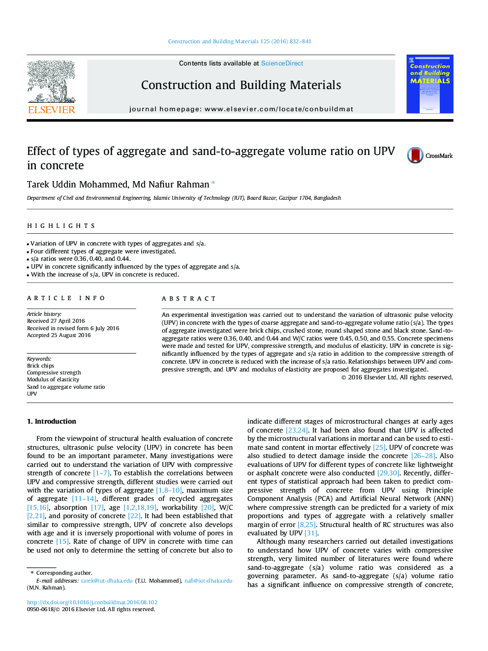 Effect of types of aggregate and sand-to-aggregate volume ratio on UPV in concrete