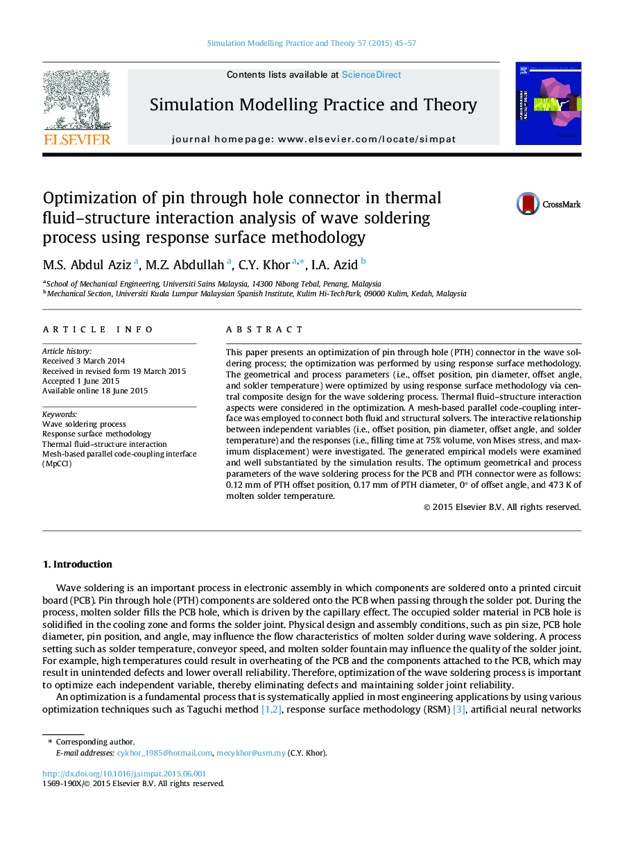 Optimization of pin through hole connector in thermal fluid–structure interaction analysis of wave soldering process using response surface methodology