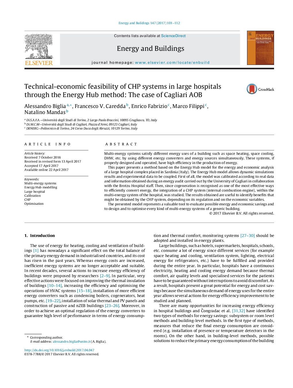 Technical-economic feasibility of CHP systems in large hospitals through the Energy Hub method: The case of Cagliari AOB