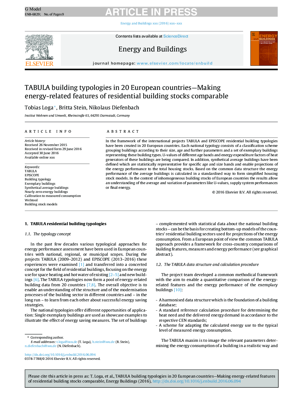 TABULA building typologies in 20 European countries-Making energy-related features of residential building stocks comparable