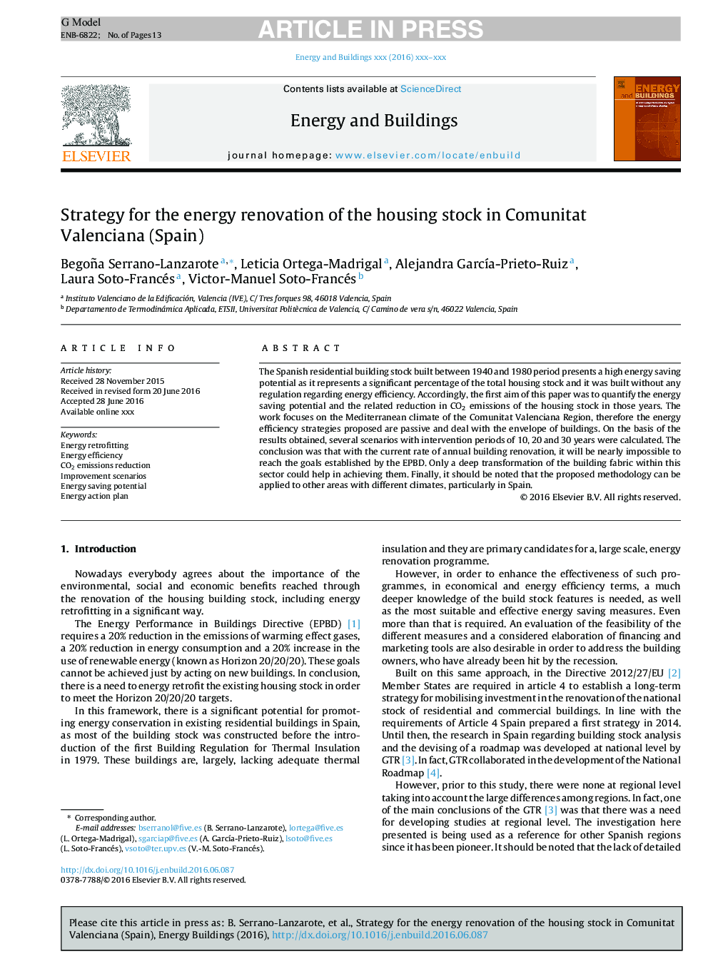 Strategy for the energy renovation of the housing stock in Comunitat Valenciana (Spain)