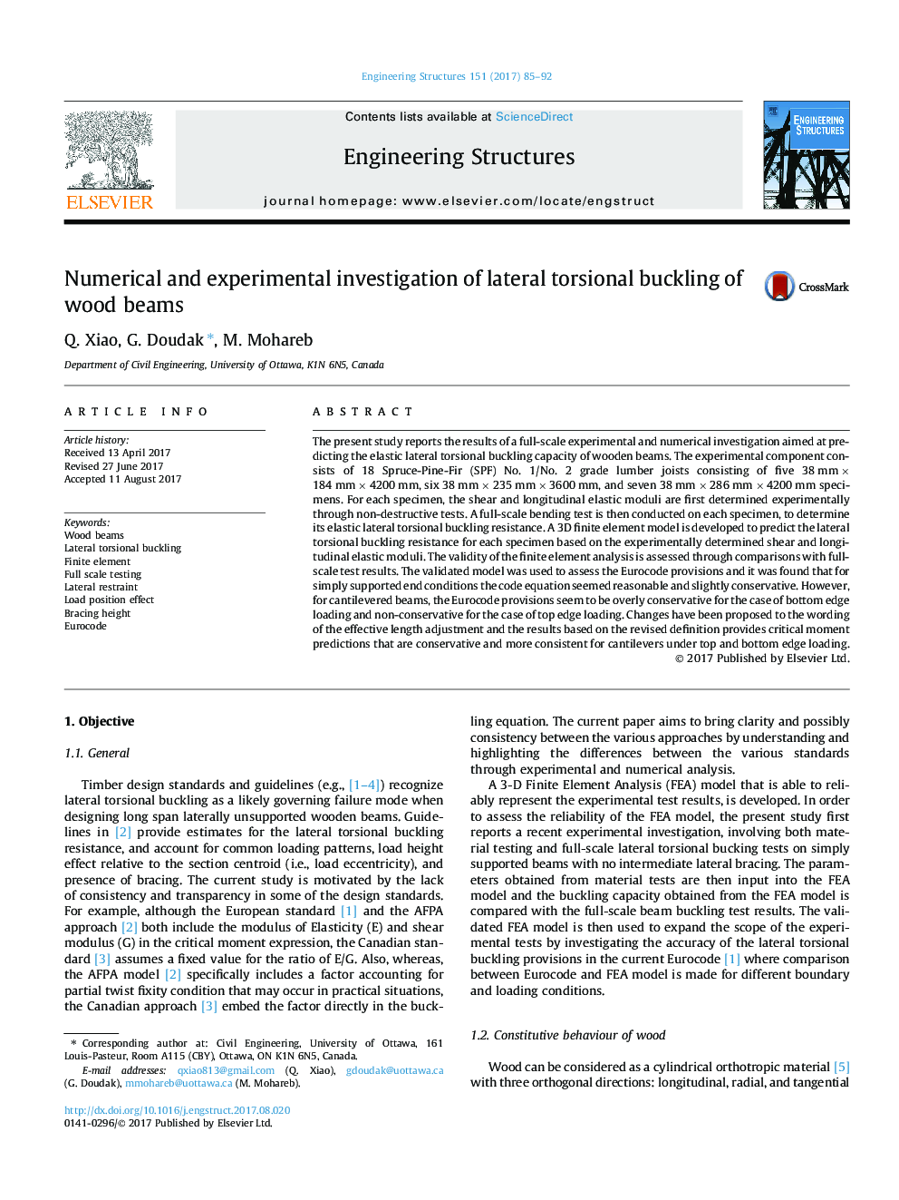 Numerical and experimental investigation of lateral torsional buckling of wood beams