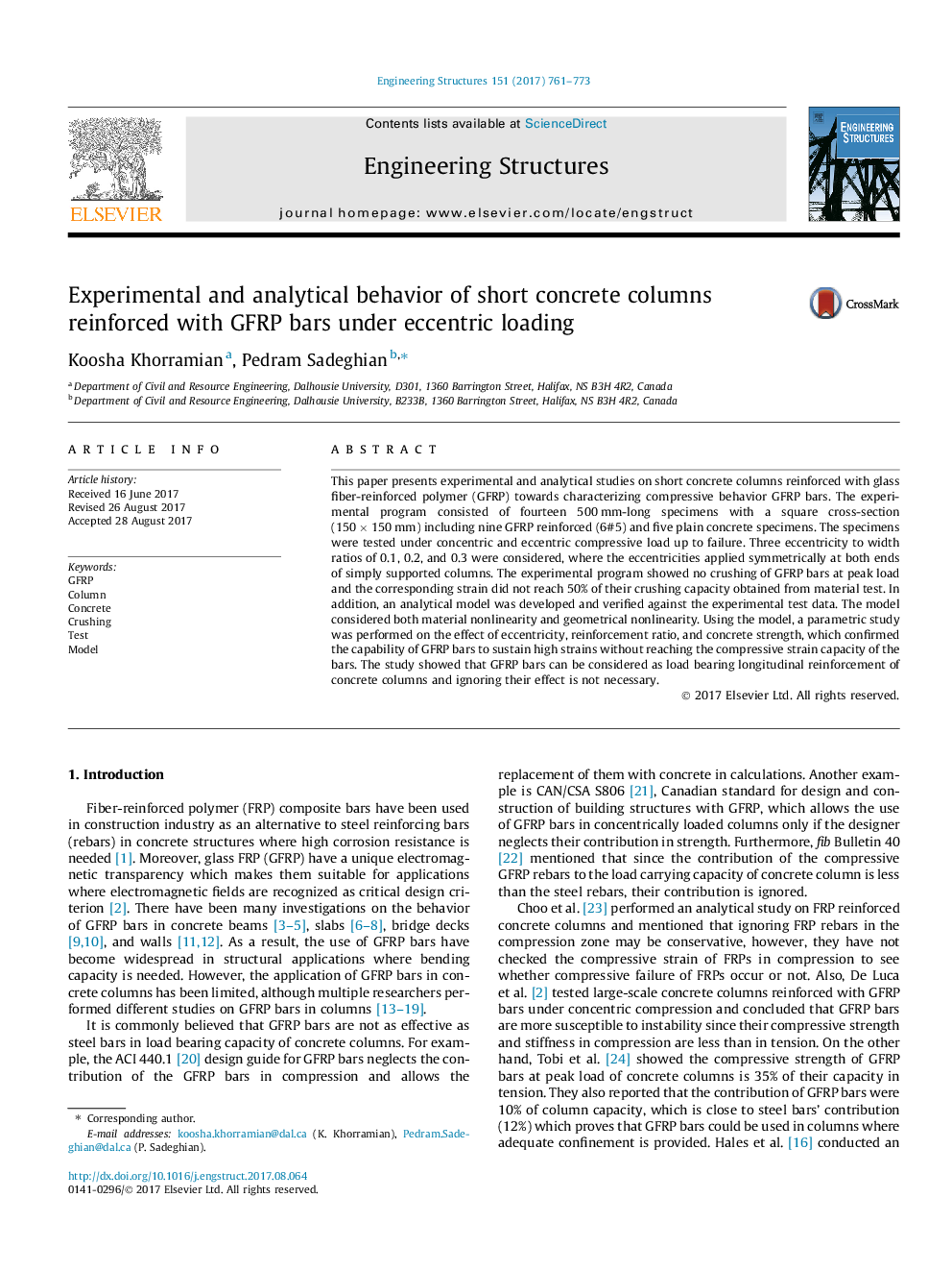 عکس صفحه اول مقاله: Experimental and analytical behavior of short concrete columns reinforced with GFRP bars under eccentric loading Experimental and analytical behavior of short concrete columns reinforced with GFRP bars under eccentric loading