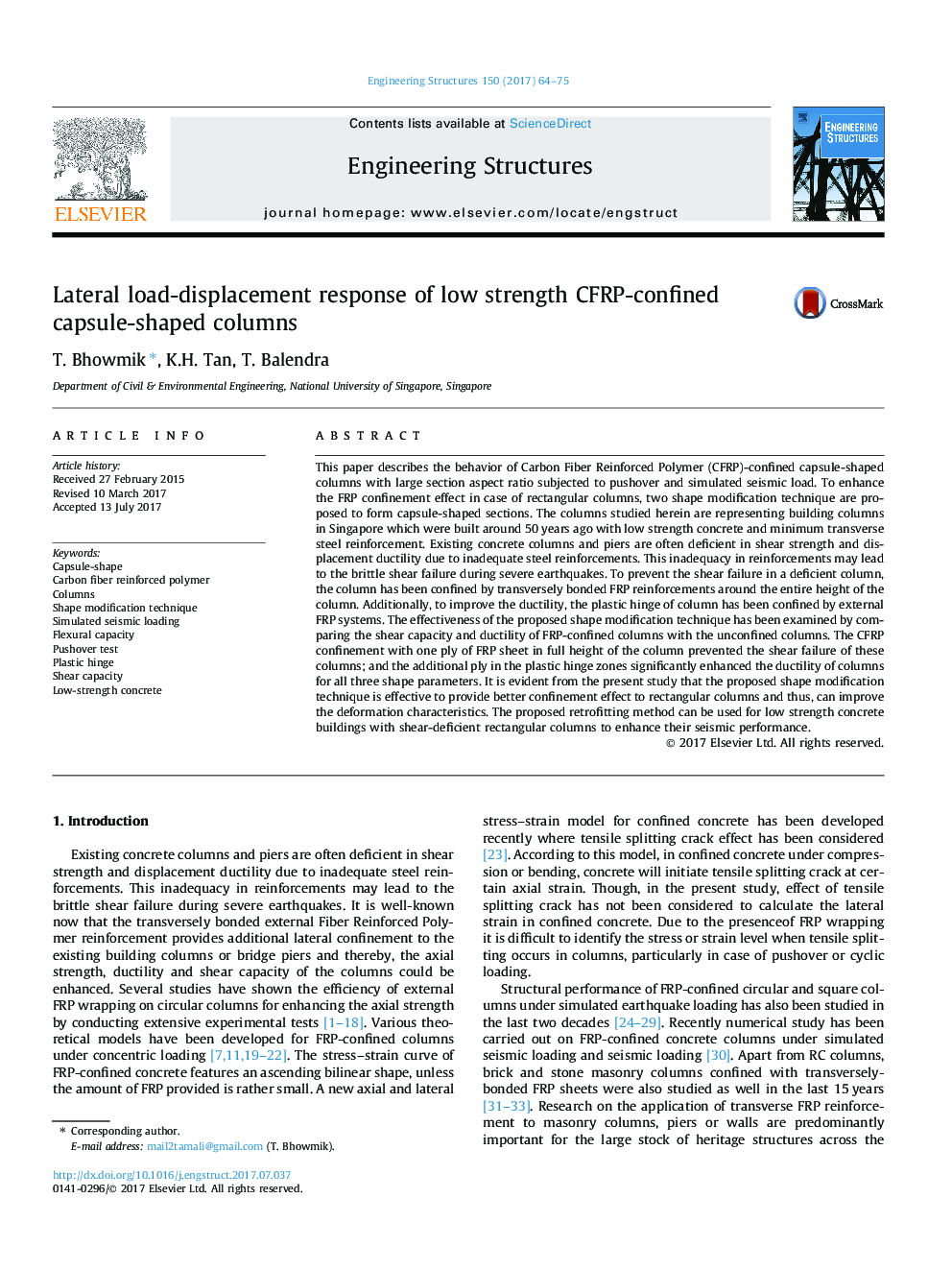 Lateral load-displacement response of low strength CFRP-confined capsule-shaped columns