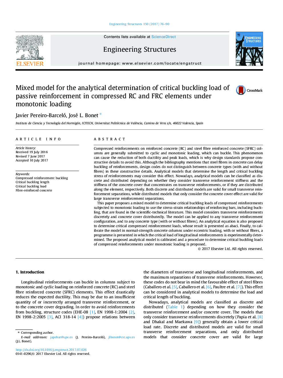 Mixed model for the analytical determination of critical buckling load of passive reinforcement in compressed RC and FRC elements under monotonic loading