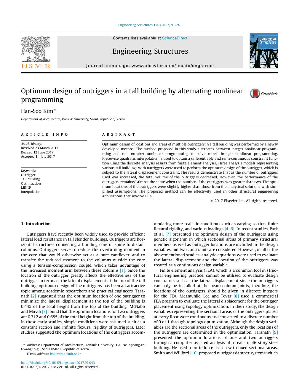 Optimum design of outriggers in a tall building by alternating nonlinear programming