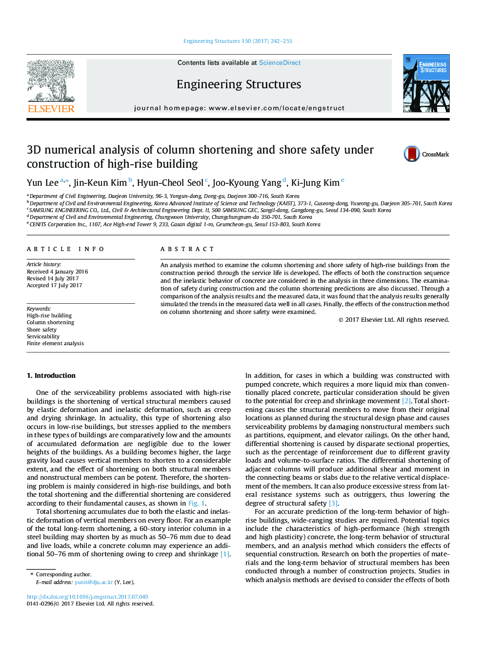 3D numerical analysis of column shortening and shore safety under construction of high-rise building