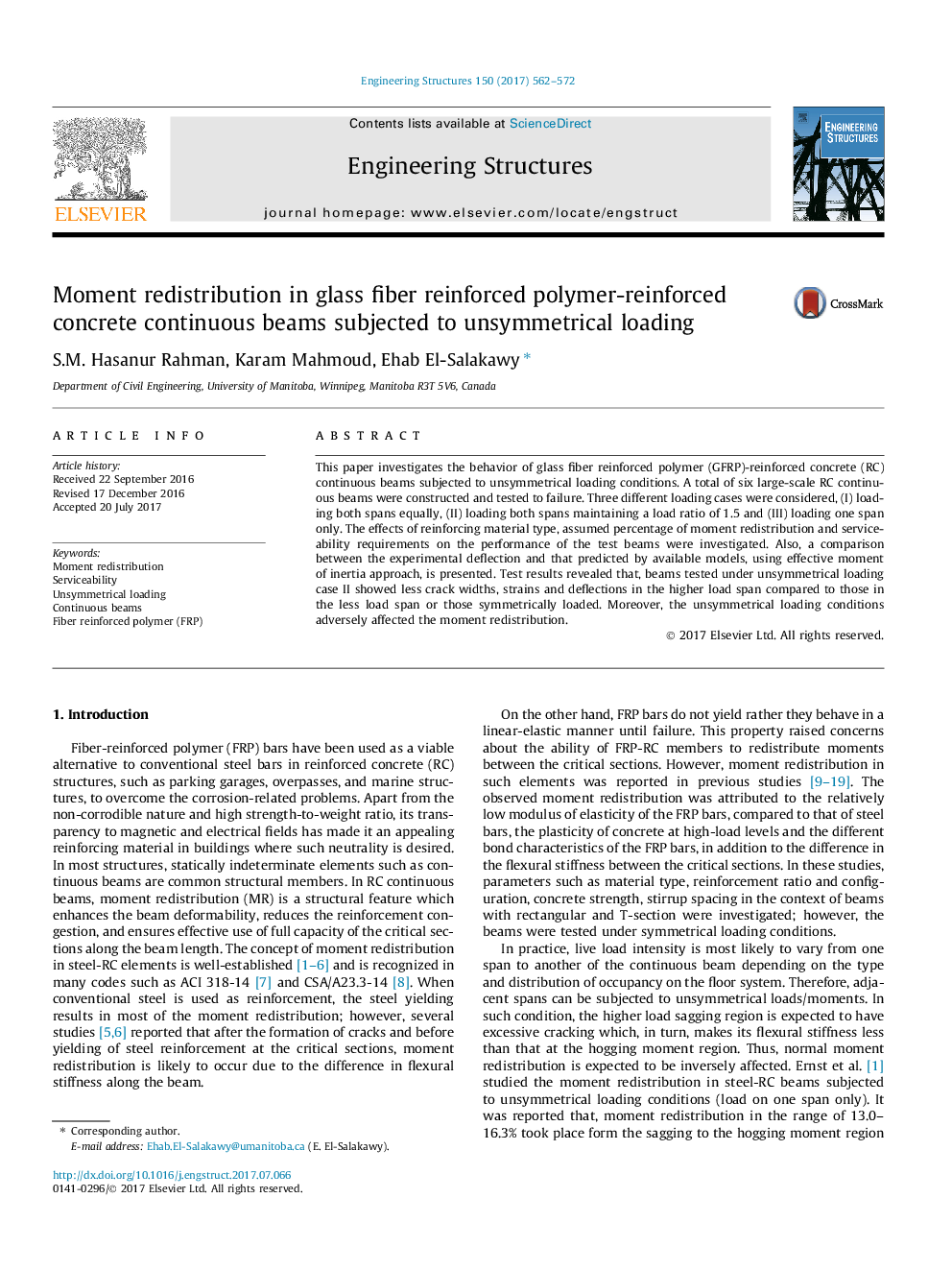 Moment redistribution in glass fiber reinforced polymer-reinforced concrete continuous beams subjected to unsymmetrical loading