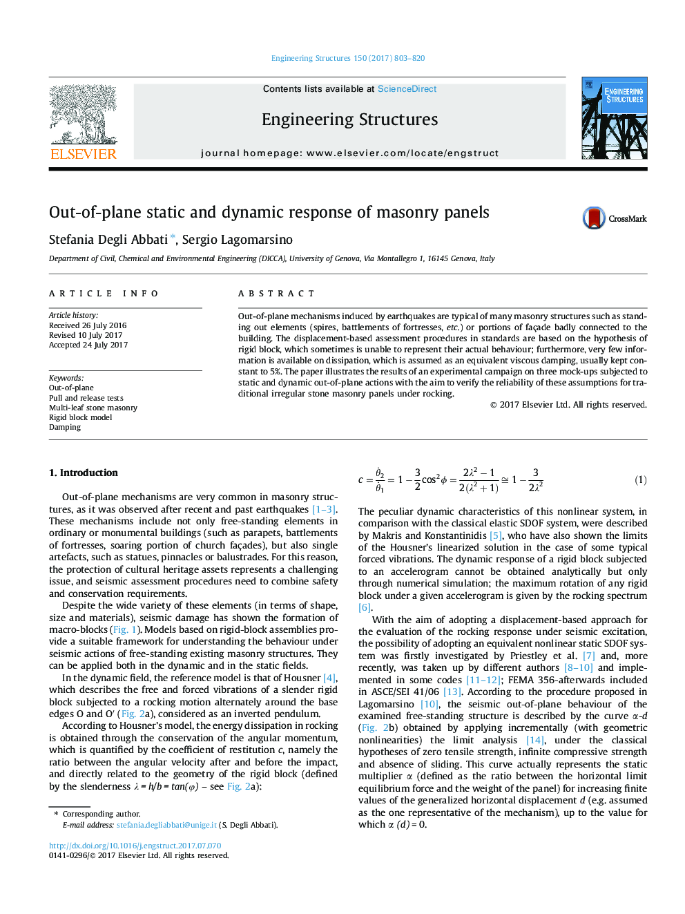 Out-of-plane static and dynamic response of masonry panels