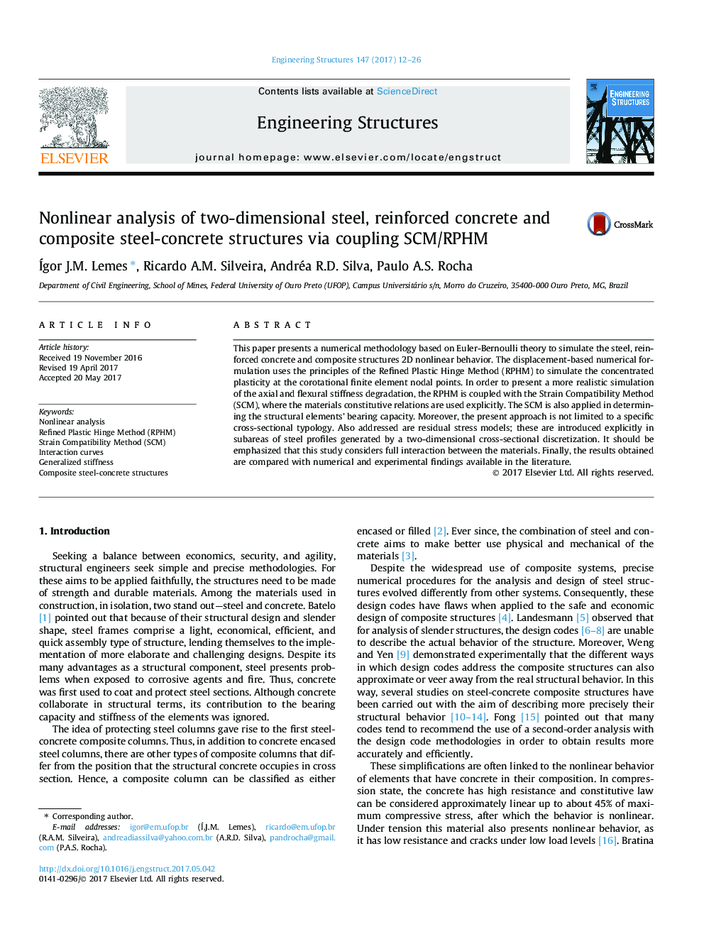 Nonlinear analysis of two-dimensional steel, reinforced concrete and composite steel-concrete structures via coupling SCM/RPHM
